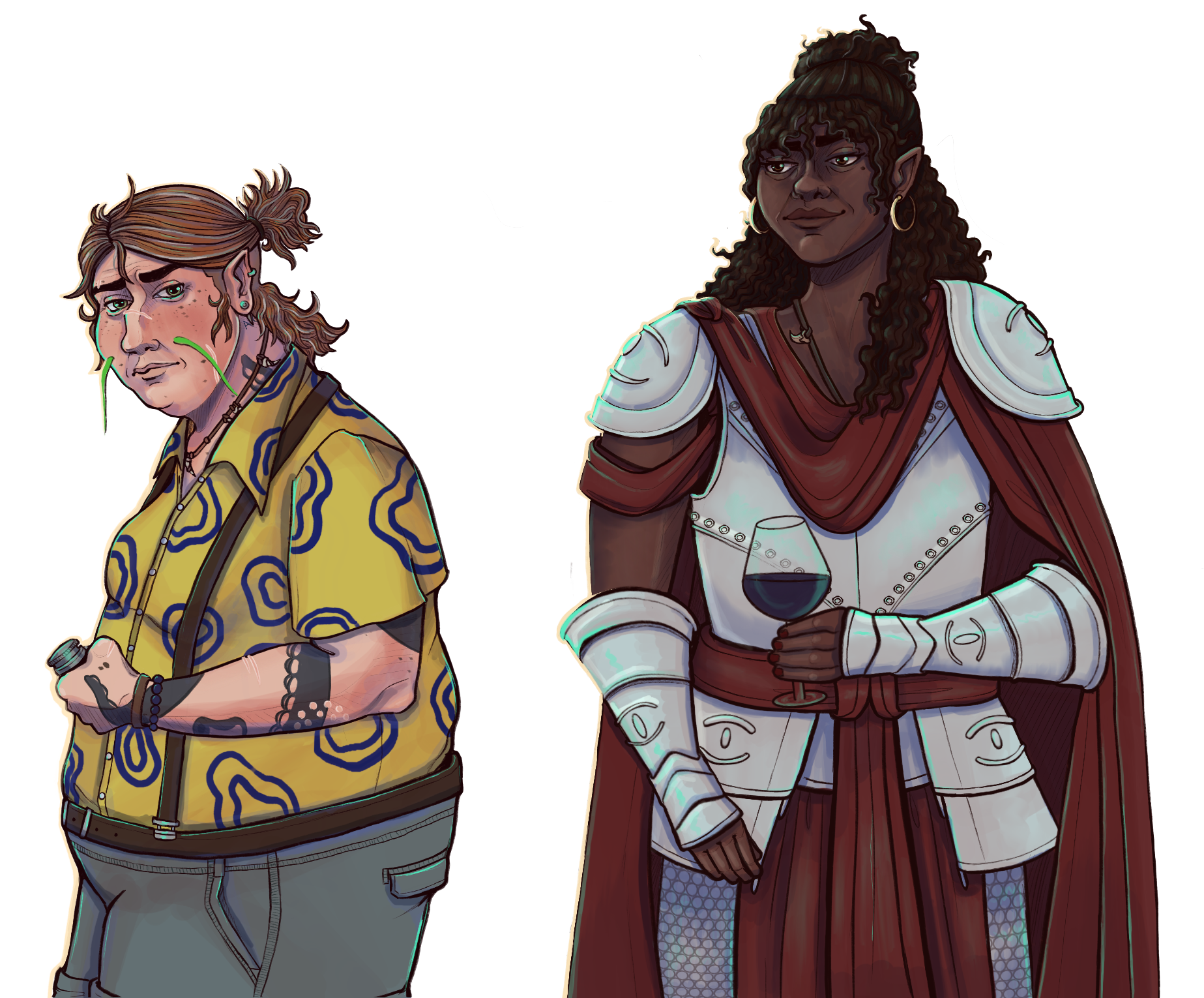 A transparent image of Amber Gris and Kodeira from The Adventure Zone Ethersea. Amber is standing sideways to the viewer and holding a metallic flask as she side eyes something unseen. She is wearing a bright yellow button up that has blue spots, suspenders and cargo shorts. Kodeira is standing facing the viewer holding a glass of wine and smiling. She is wearing white plate armour with red cloth draped around her neck and shoulders.